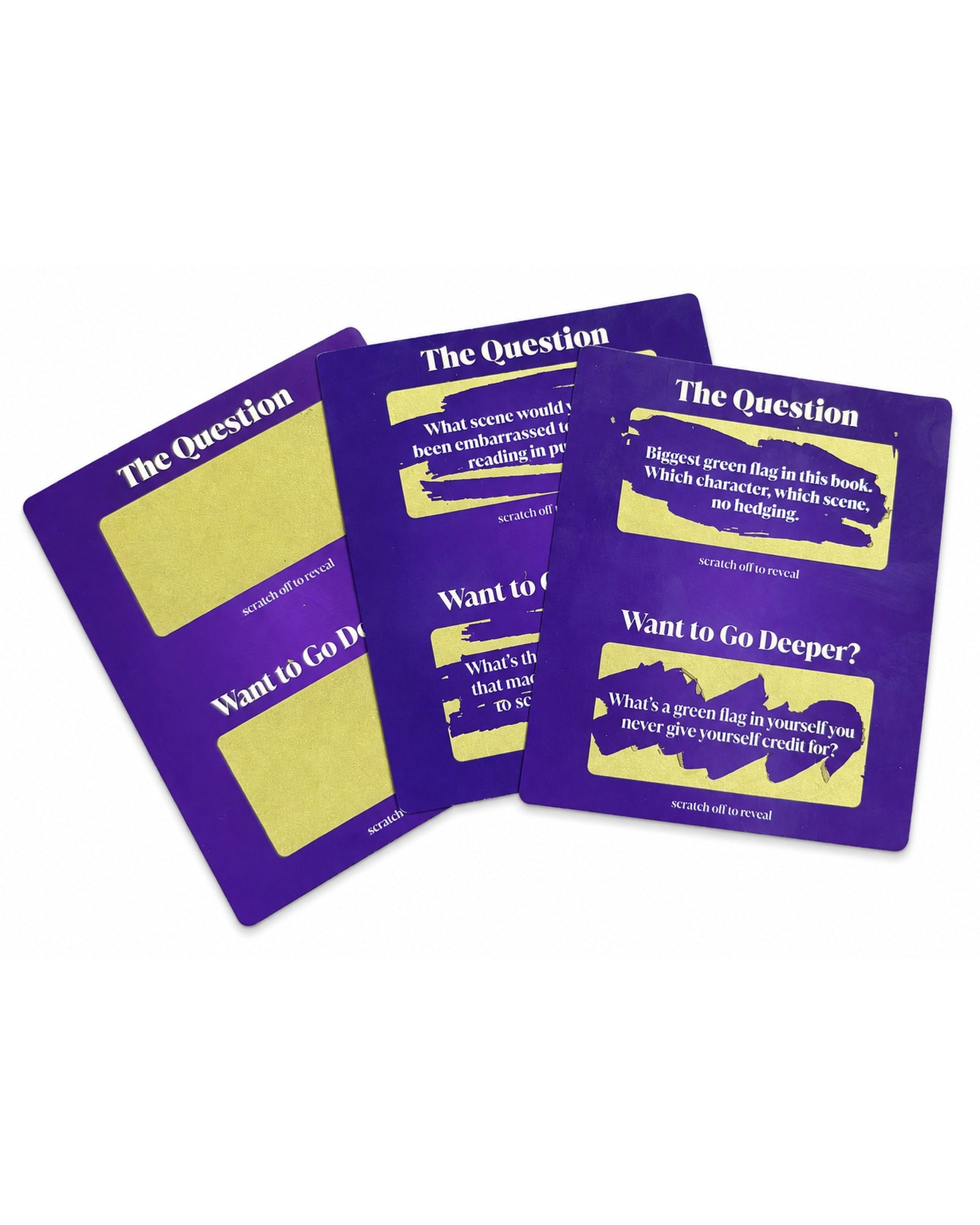 Three Bookish cards, unscratched through revealed