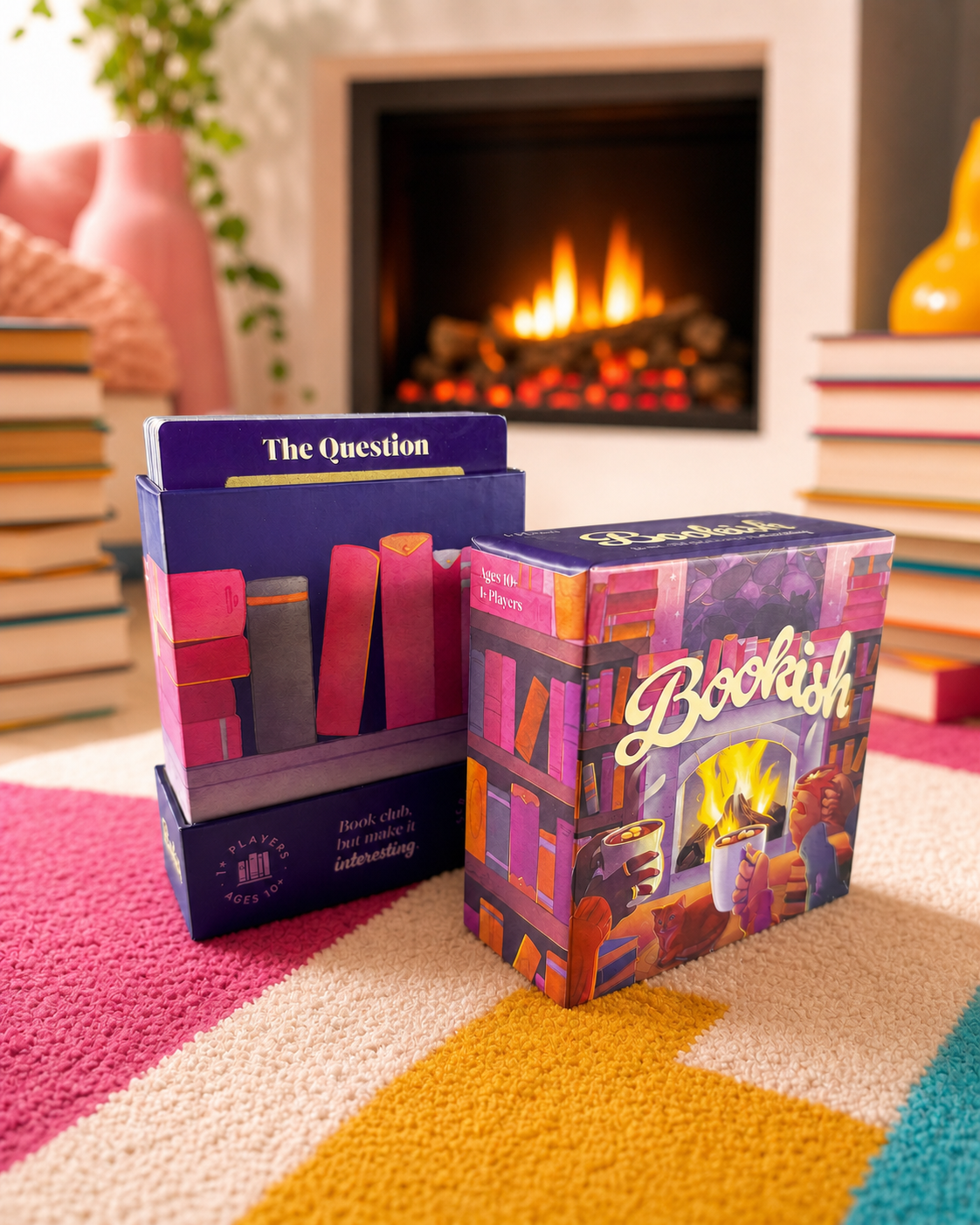 Bookish game in a warm, colorful reading room beside a fireplace
